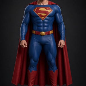 Pode incluir: Uma figura de corpo inteiro de um super-herói vestindo um traje azul texturizado com um emblema S vermelho e amarelo no peito, uma capa vermelha, um cinto vermelho e amarelo e botas vermelhas. A figura tem cabelo escuro curto e físico musculoso.