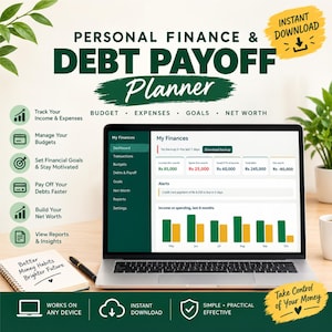 May include: A digital personal finance and debt payoff planner displayed on a laptop screen. The interface shows a dashboard with income, expenses, savings, debt, and net worth figures, alongside a bar chart tracking income versus spending.