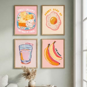 Digital Art Print Set of 4, Pastel Food Posters for Kitchen Wall Decor
