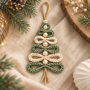 Puede incluir: Un adorno decorativo para árbol de Navidad hecho de cuerda trenzada en colores verde salvia y crema, con una columna central vertical de seis perlas artificiales lisas, redondas y de color blanco roto, y un lazo de yute para colgar.