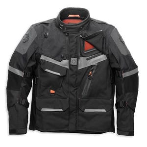 May include: A black motorcycle jacket featuring a high collar, multiple zipped pockets, and grey reflective accents. The jacket includes orange interior mesh lining, adjustable side straps, and a small Harley-Davidson logo patch on the centre chest.