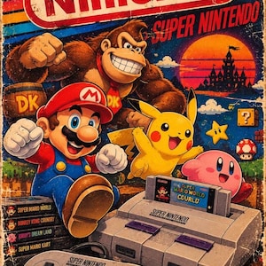 Peut inclure: Une affiche au style vintage représentant des personnages Nintendo dont Mario, Donkey Kong, Pikachu et Kirby. L'image montre une console Super Nintendo avec une cartouche Super Mario World, une manette et des boîtes de jeux sur un fond de coucher de soleil.
