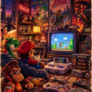 Peut inclure: Une affiche de style vintage représentant une installation Super Nintendo Entertainment System. La scène comprend une télévision affichant un jeu vidéo, des manettes, des cartouches de jeu et des affiches de Super Mario World, The Legend of Zelda et Super Metroid au mur. Des personnages comme Mario, Yoshi et Donkey Kong sont présents.