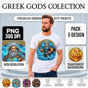 Peut inclure: Un t-shirt blanc avec une impression graphique représentant une figure barbue tenant un trident au milieu de vagues bleues, encadrée par une bordure grecque dorée. L'image contient du texte comme GREEK GODS COLECTION, PREMIUM GREEK DTF PRINTS, PNG 300 DPI.