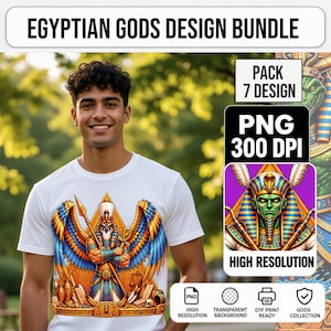 Puede incluir: Una camiseta blanca con un gráfico colorido de una deidad egipcia con alas, una lanza y un ankh. La imagen incluye el texto EGYPTIAN GODS DESIGN BUNDLE, PACK 7 DESIGN, PNG 300 DPI y HIGH RESOLUTION con iconos.