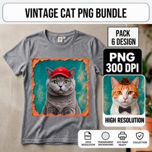 6 Vintage Cat PNG Bundle, Gentleman Cat Sublimation Designs, Cute Cat Clip Art 300 DPI Transparent Background, Instant Digital Download