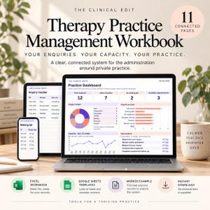May include: A digital therapy practice management workbook displayed on a laptop, tablet, and smartphone. The screens show a practice dashboard with inquiry trackers, waiting lists, and data charts. The text reads The Clinical Edit and 11 connected pages.