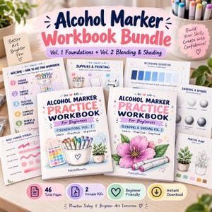May include: An alcohol marker workbook bundle featuring two practice books, Foundations Vol. 1 and Blending & Shading Vol. 2, with instructional pages, color swatches, and exercises for beginners. The covers display illustrations of markers and flowers.