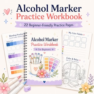 May include: An alcohol marker practice workbook with a spiral binding, featuring 22 beginner-friendly pages. The cover displays a cup of markers, colour swatches, and flowers. Included are interior pages for blending practice, colour palettes, and colouring.