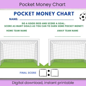 以下が含まれることがあります： サッカーをテーマにした、青と緑の文字が書かれた白いお小遣い管理表。名前記入欄、2つのサッカーゴールのイラスト、最終スコア記入欄が含まれています。テキスト：POCKET MONEY CHART, DO A GOOD DEED AND SCORE A GOAL.
