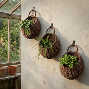 May include: Three round, brown woven wicker baskets with arched handles are mounted on a light-coloured wall. Each basket contains a different green houseplant, including ivy, a fern, and a pothos, creating a vertical display of hanging planters.