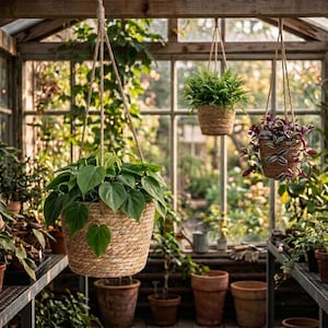 May include: Three hanging planters made of woven natural fiber rope, each suspended by thick jute cords. The largest planter in the foreground holds a lush green heart-leaf philodendron, while two smaller planters contain a fern and a purple-striped plant.