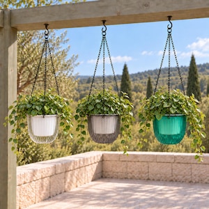 Self Watering Hanging Planter with Cotton Wick, Transparent Ribbed Plant Pot with Removable Insert, Chain Hanger, 3 Sizes & Colors