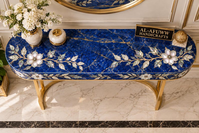Lapis Lazuli Mother of Pearl Console Table, Abalone Shell Floral Inlay ...