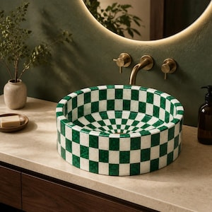 Handmade Malachite White Quartz Wash Basin, Geometric Pattern, Indian Artisan Sink