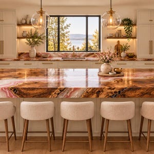 May include: A kitchen island with a polished brown and pink stone countertop featuring natural veining, paired with five cream-colored upholstered stools with wooden legs. The kitchen includes white cabinetry, brass hardware, and two glass pendant lights.