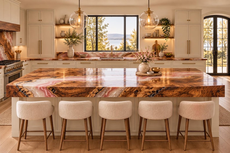 May include: A kitchen island with a polished brown and pink stone countertop featuring natural veining, paired with five cream-colored upholstered stools with wooden legs. The kitchen includes white cabinetry, brass hardware, and two glass pendant lights.