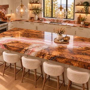 May include: A kitchen island featuring a thick countertop made of polished wood burl with a prominent pink agate stone inlay. Five cream-colored upholstered bar stools with wooden legs are positioned along the front of the island.