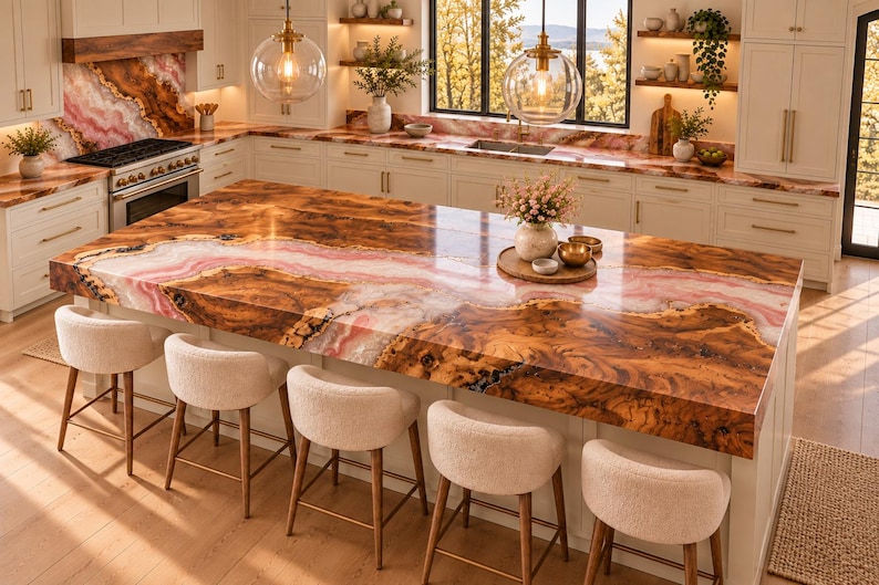 May include: A kitchen island featuring a thick countertop made of polished wood burl with a prominent pink agate stone inlay. Five cream-colored upholstered bar stools with wooden legs are positioned along the front of the island.