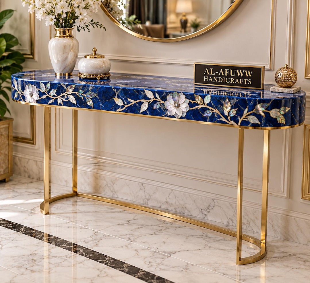 Lapis Lazuli Mother of Pearl Console Table, Abalone Shell Floral Inlay ...