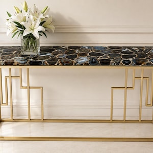 Agate Console Table, Black Agate Stone Entryway Table, Luxury Gemstone Furniture, Handmade Modern Hallway Table, Custom Home Decor
