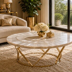 May include: A round coffee table featuring a white, radial-patterned stone top and a polished gold-tone metal base with intersecting legs. A gold bowl filled with white flowers and a small, ornate gold box sit on the table surface.