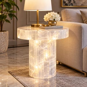 May include: A cylindrical side table constructed from translucent white selenite crystal blocks. The table features a circular top and a solid base, with internal lighting that illuminates the crystalline structure from within, creating a glowing effect.