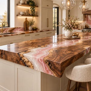 May include: A kitchen island featuring a thick, polished live-edge wood countertop with a prominent, flowing pink resin inlay. The island is paired with several cream-colored upholstered bar stools with wooden legs, set within a bright kitchen space.
