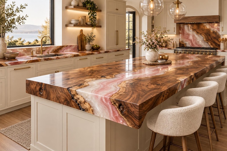May include: A kitchen island featuring a thick, polished live-edge wood countertop with a prominent, flowing pink resin inlay. The island is paired with several cream-colored upholstered bar stools with wooden legs, set within a bright kitchen space.