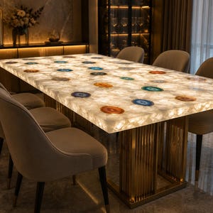 Puede incluir: Una mesa de comedor rectangular con una superficie de cuarzo blanco retroiluminada incrustada con rodajas de ágata circulares y multicolores en tonos azules, naranjas y verdes. La mesa se apoya sobre una base de pedestal de metal dorado estriado.