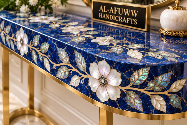 Lapis Lazuli Mother of Pearl Console Table, Abalone Shell Floral Inlay ...