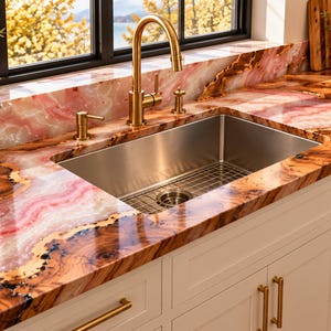 May include: A kitchen sink area featuring a polished countertop with a swirling pattern of pink, orange, and brown tones. A stainless steel rectangular sink is centered with a tall, brushed gold faucet and matching soap dispenser hardware.