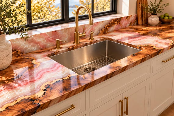 Handmade Wood & Epoxy Resin Countertop, Live Edge Kitchen Surface (Custom)