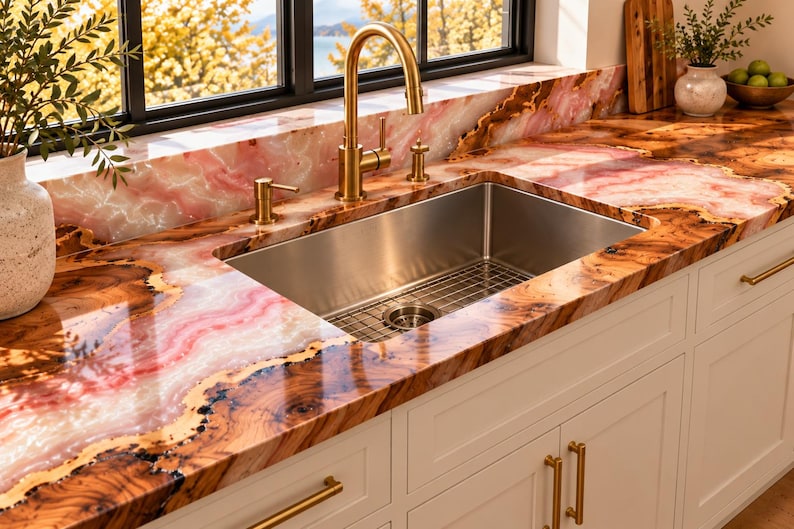 May include: A kitchen sink area featuring a polished countertop with a swirling pattern of pink, orange, and brown tones. A stainless steel rectangular sink is centered with a tall, brushed gold faucet and matching soap dispenser hardware.