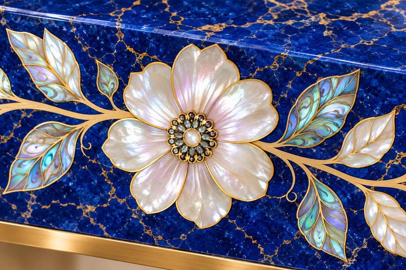 Lapis Lazuli Mother of Pearl Console Table, Abalone Shell Floral Inlay ...