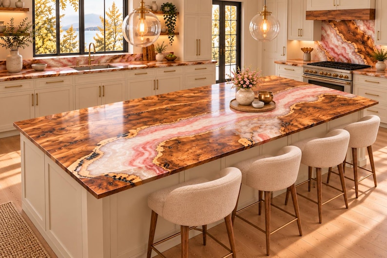 May include: A kitchen island featuring a polished countertop with a central vein of pink and white stone surrounded by dark brown wood grain patterns. The island base is off-white with three upholstered stools with wooden legs positioned in front.