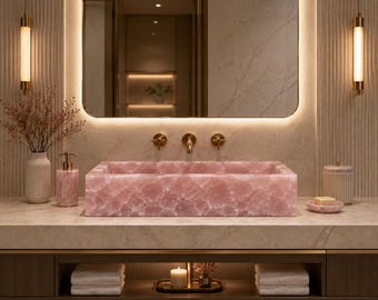 Rose Quartz Sink, Luxury Stone Bathroom Basin, Handmade Pink Quartz Wash Basin, Custom Vanity Sink, Luxury Home Decor