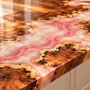 May include: A rectangular countertop featuring a live edge wood slab with a prominent burl grain pattern and a central river-like inlay of translucent pink and white resin. The surface has a high-gloss finish and rests on white cabinetry.