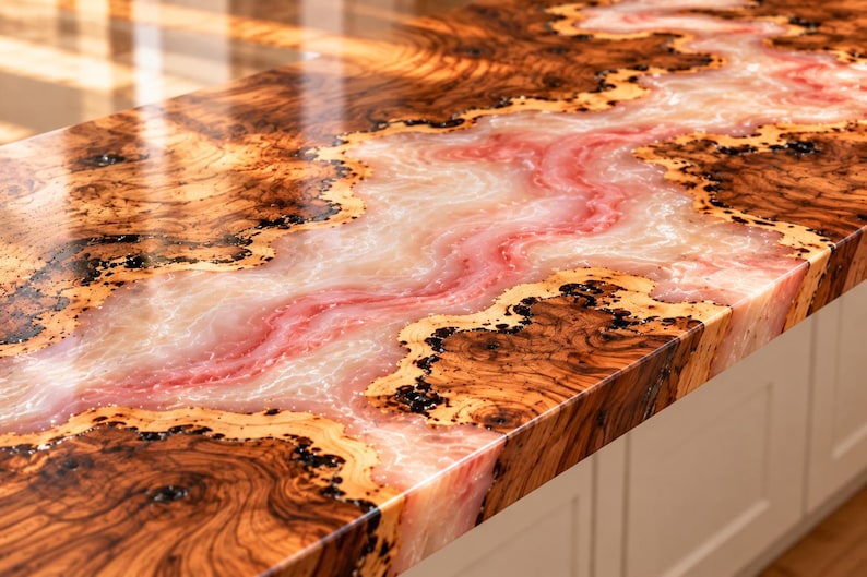 May include: A rectangular countertop featuring a live edge wood slab with a prominent burl grain pattern and a central river-like inlay of translucent pink and white resin. The surface has a high-gloss finish and rests on white cabinetry.