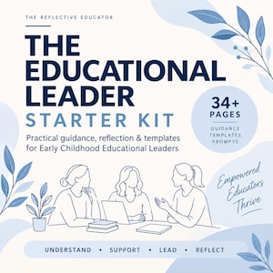May include: A digital document cover titled The Educational Leader Starter Kit, featuring line art of three people collaborating at a table with books and a laptop. The design includes blue leaf accents, the text 34+ PAGES, and the words UNDERSTAND, SUPPORT, LEAD, REFLECT.