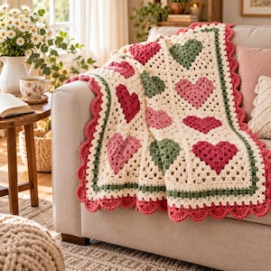 May include: A crochet blanket featuring a cream-colored base with a repeating pattern of dark green, light pink, and dark pink hearts. The blanket is finished with a dark green border and a scalloped edge in a vibrant pink yarn color.