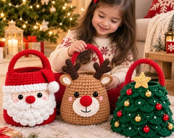May include: Three crochet baskets featuring holiday designs: a red Santa Claus with a white beard, a tan reindeer with brown antlers and a red nose, and a green Christmas tree decorated with small red and gold ornaments and a yellow star.