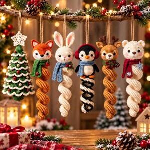 Puede incluir: Seis adornos navideños de ganchillo colgados de una rama. El conjunto incluye un árbol verde, un zorro con bufanda verde, un conejo blanco con bufanda azul, un pingüino con orejeras, un reno y un oso con bufanda roja.