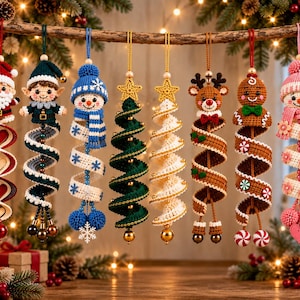 May include: Eight hanging crochet Christmas ornaments featuring a Santa, elf, snowman, two spiral trees, reindeer, gingerbread person, and a pink snowman. Each ornament has a spiraling base, decorative beads, and a loop for hanging.