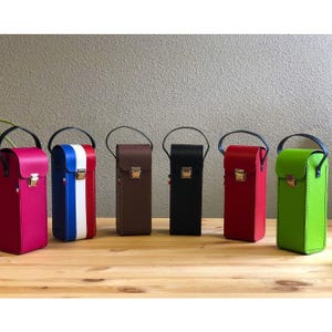 Può includere: Una fila di sei portabottiglie rettangolari verticali con manici superiori e chiusure in metallo. I colori includono magenta, un motivo a strisce blu-bianco-rosso, marrone, nero, rosso e verde lime. Ogni custodia presenta cuciture visibili sui bordi.