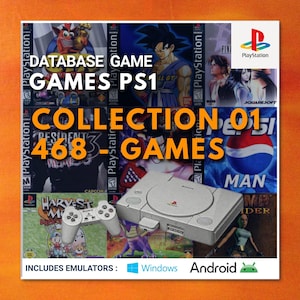 May include: A digital collection of 468 PlayStation 1 games featuring a grey console and controller, with game cover art including Crash Bandicoot, Dragon Ball, and Pepsi Man. The text reads DATABASE GAME GAMES PS1 COLLECTION 01 468 GAMES.