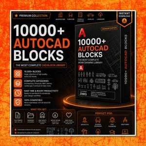 Puede incluir: Una pantalla de producto digital para 10000+ bloques de AutoCAD, con una caja negra con texto e iconos naranjas. El diseño incluye etiquetas como Premium Collection, Instant Download y enumera categorías como arquitectura, muebles y paisaje.