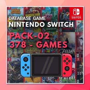 May include: A Nintendo Switch console illustration centred over a collage of various video game covers. The text reads DATABASE GAME NINTENDO SWITCH PACK-02 378 - GAMES. The console features a blue left controller and a red right controller.