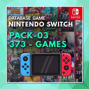 以下が含まれることがあります： DATABASE GAME PACK-03とラベル付けされた373本のNintendo Switchゲームのデジタルコレクション。青い左コントローラーと赤い右コントローラーを備えたコンソールのグラフィックが、さまざまなゲームのパッケージアートのコラージュの上に重ねられています。