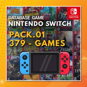 May include: A digital graphic featuring a Nintendo Switch console with a blue left Joy-Con and a red right Joy-Con. The background displays a collage of various Nintendo Switch game covers. Text on the image reads: DATABASE GAME NINTENDO SWITCH PACK.01 379 - GAMES.